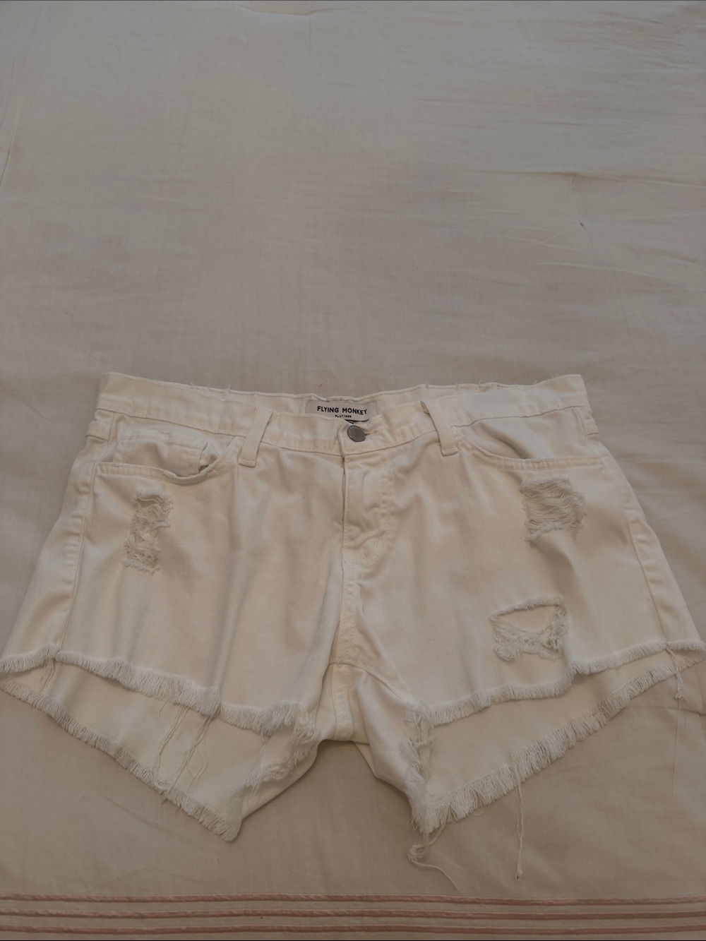 Flying Monkey Cream Distressed Frayed Hem Jean Shorts